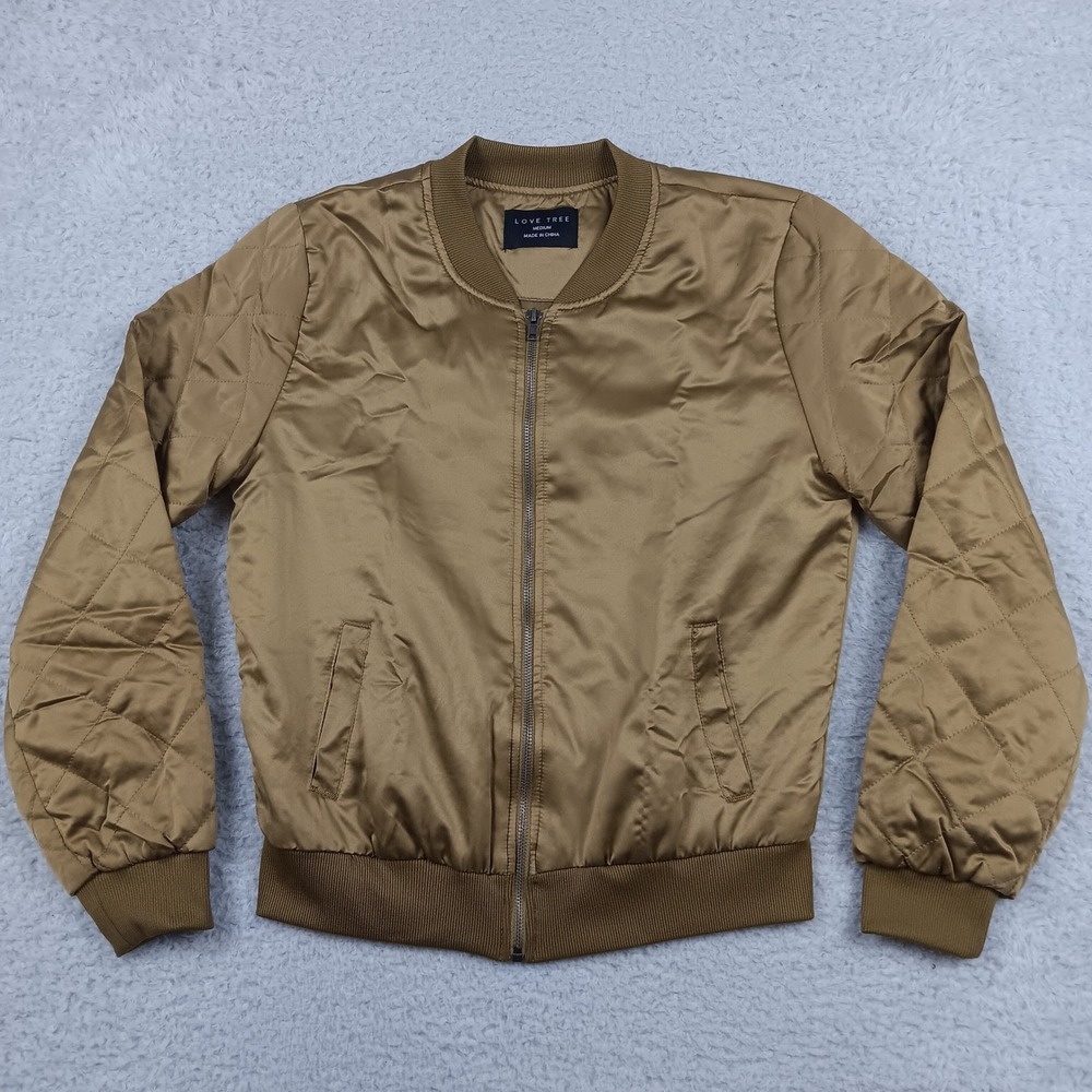 Love Tree Bomber Jacket Women M Olive Gold Quilted Sleeve Satin 8396JS